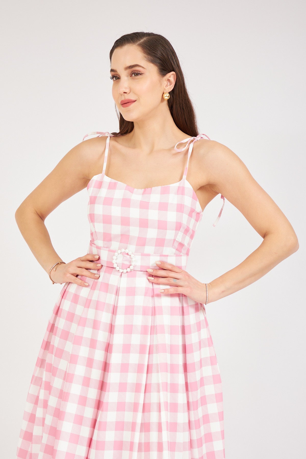 Kemerli Ekose Elbise Pembe 1565