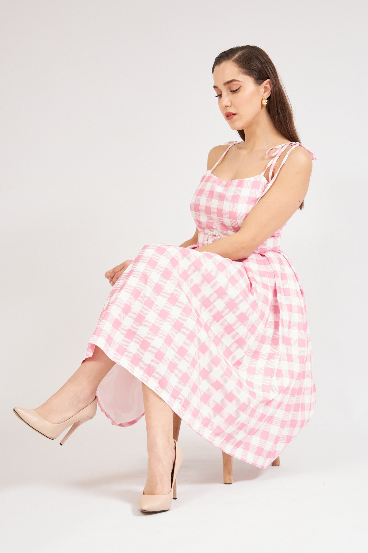 Kemerli Ekose Elbise Pembe 1565