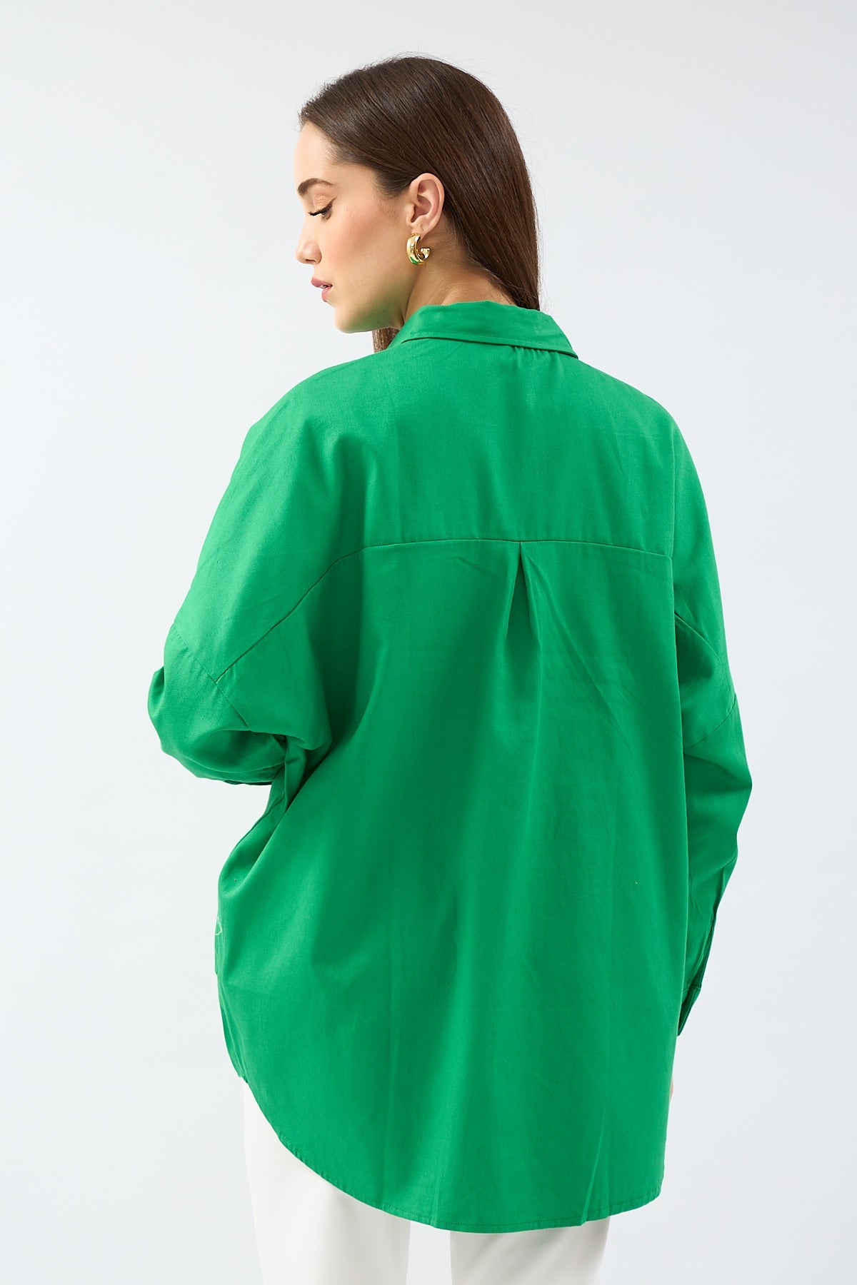 El İşi Taşlı Oversize Gömlek Yeşil 3038
