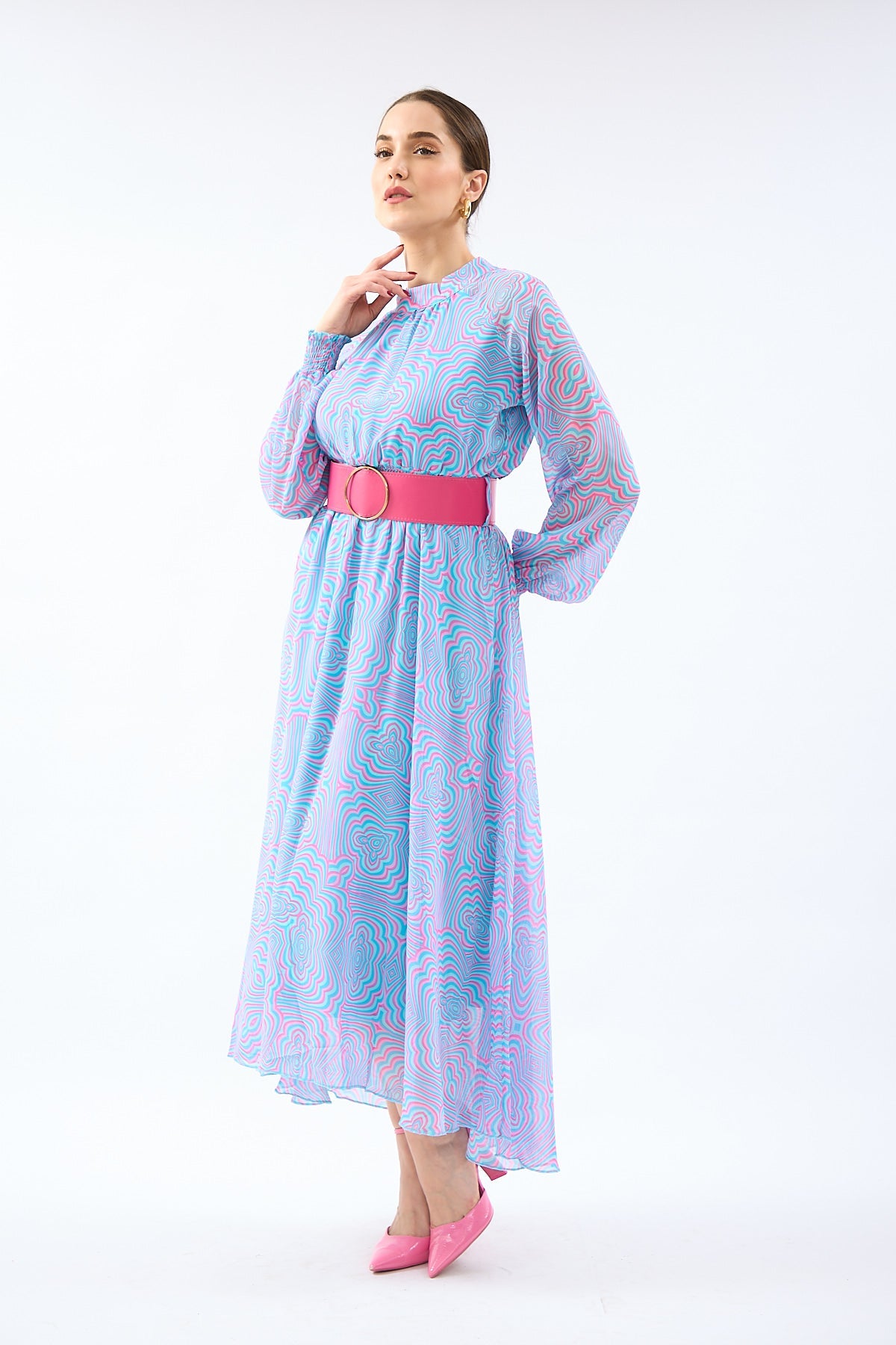 Kemerli Ve Desenli Midi Elbise 4543