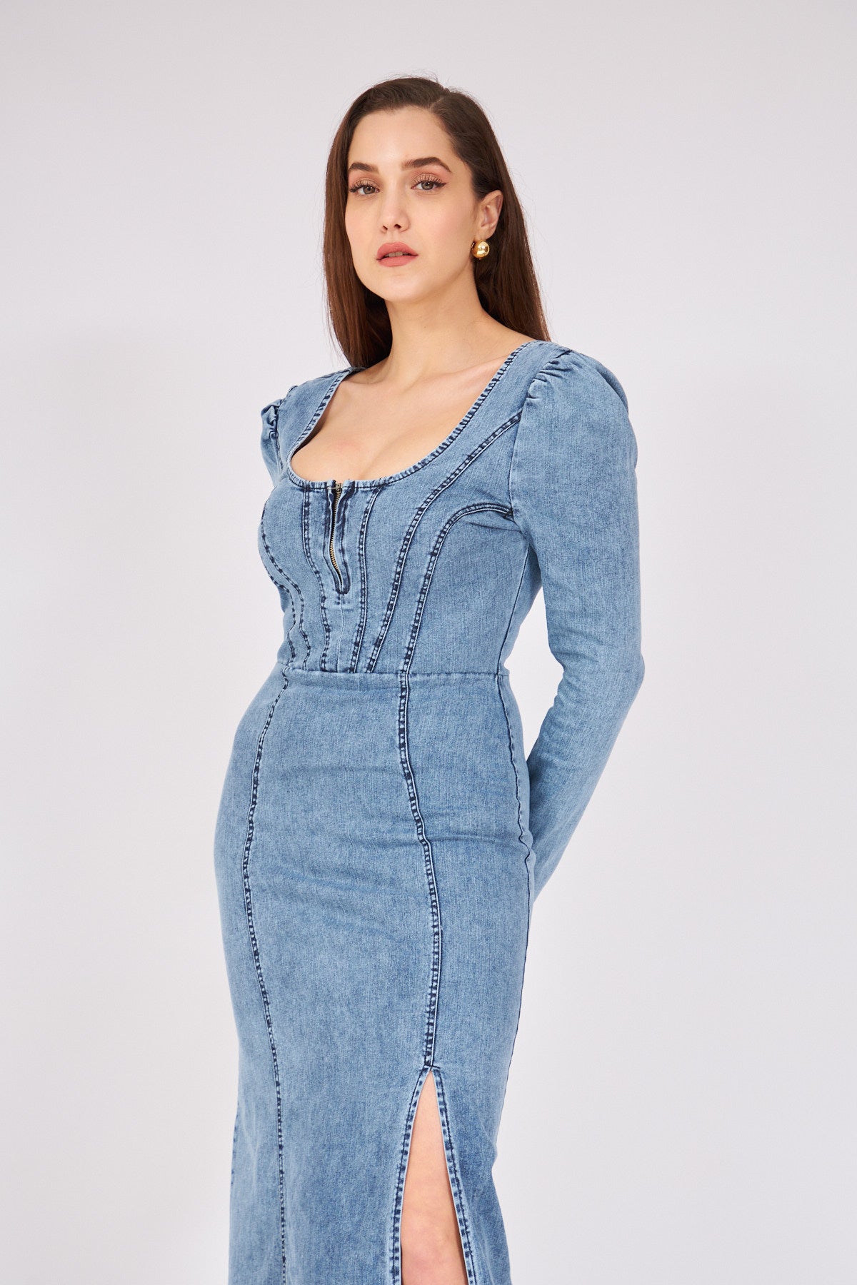 Uzun Kol Denim Elbise Mavi 1004