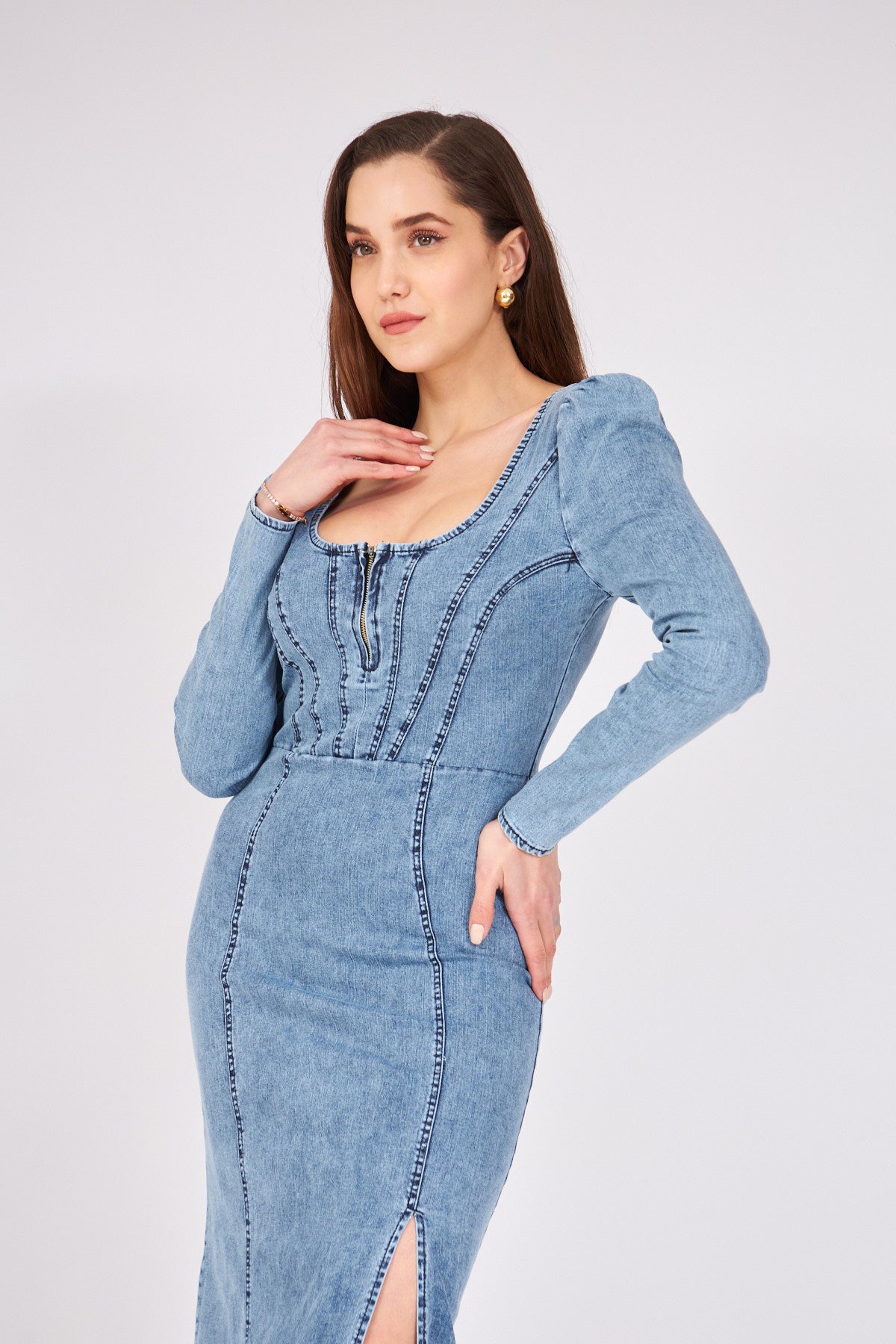 Uzun Kol Denim Elbise Mavi 1004