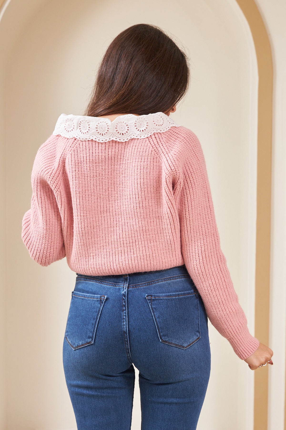Dantel Yaka Hırka Pembe 4244