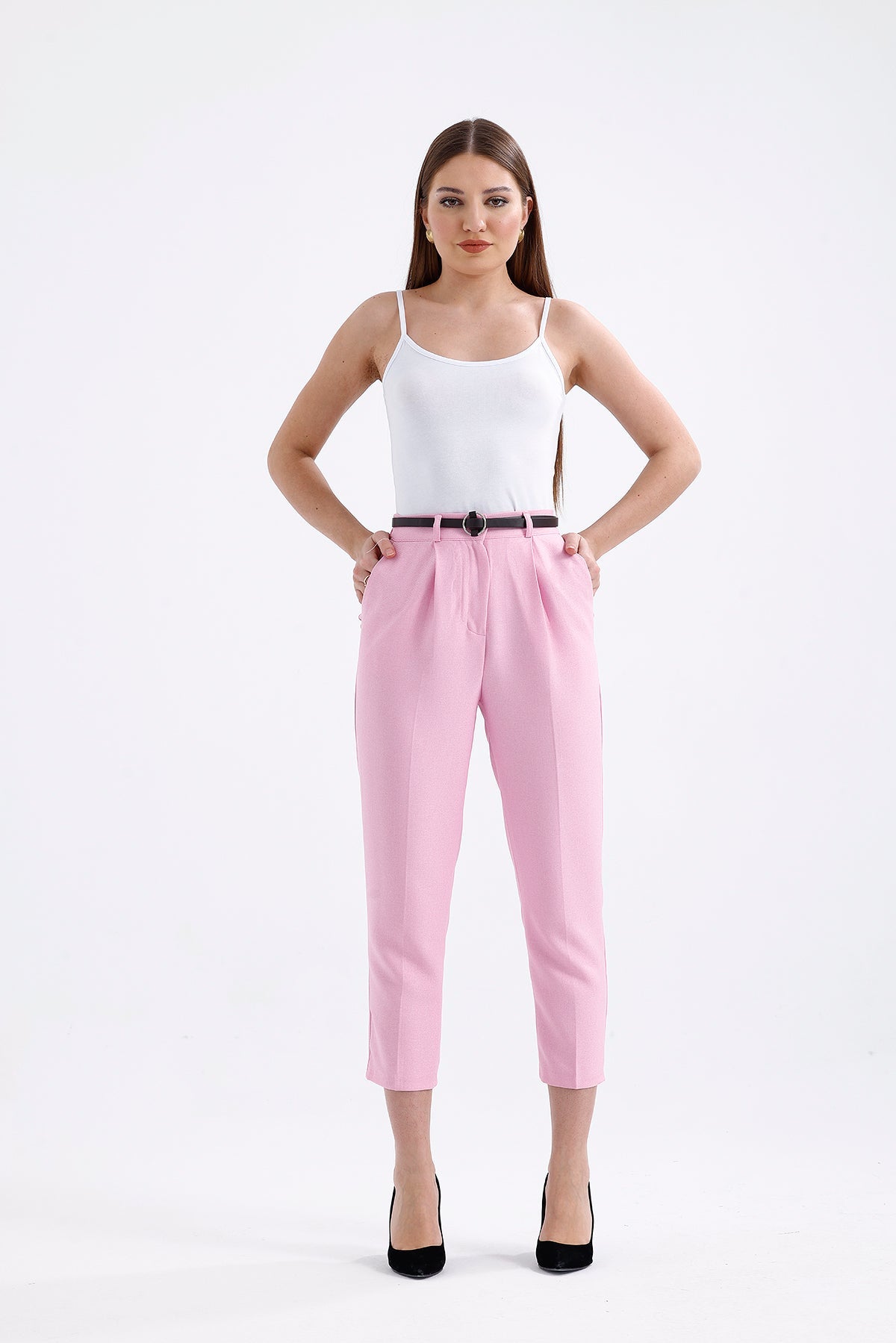 Yüksek Bel Kemerli Pantolon Pembe 0651