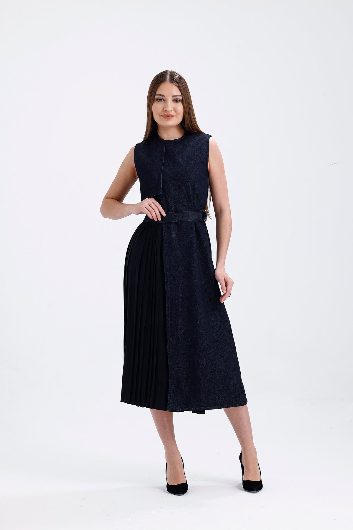 Kontrast Tasarım Elbise Lacivert 8509
