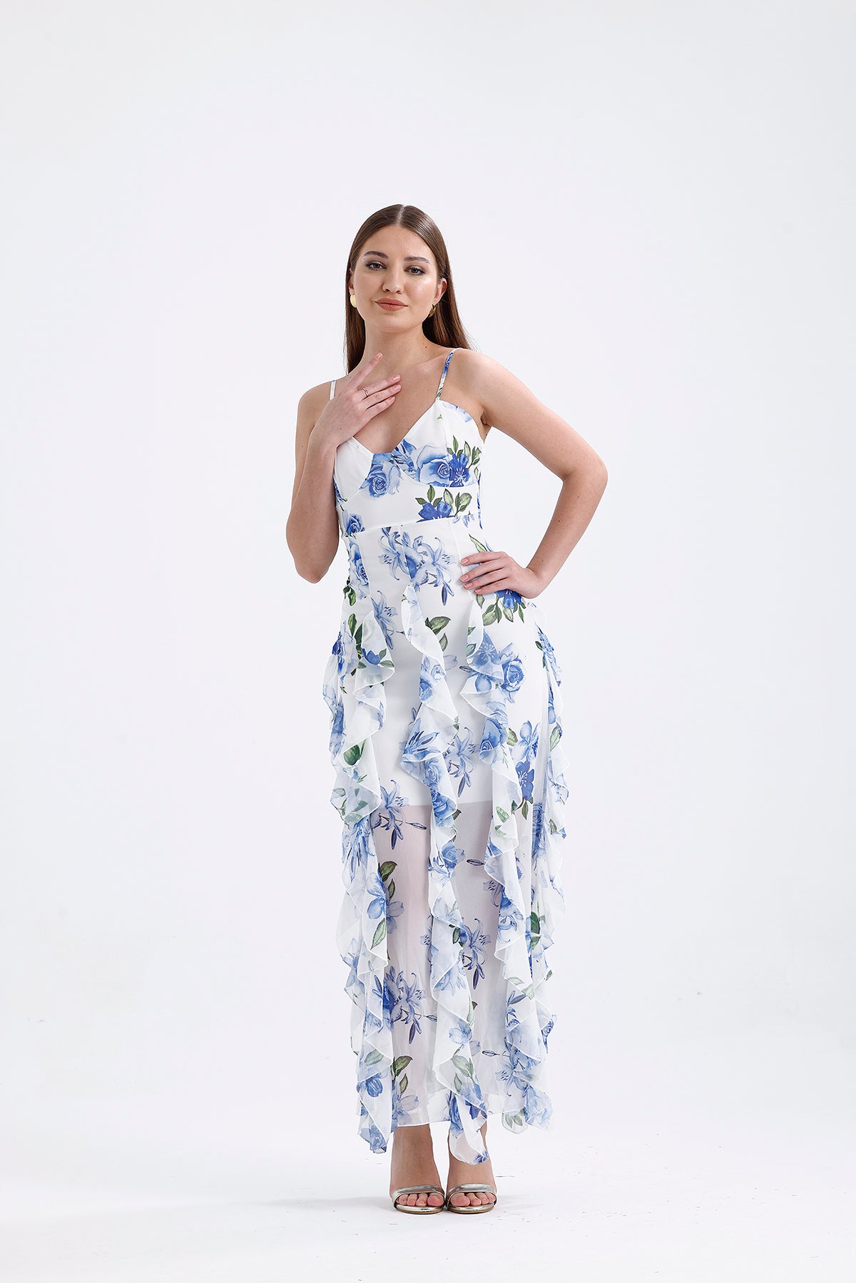 Fırfır Detaylı Askılı Maxi Boy Elbise Mavi 1040