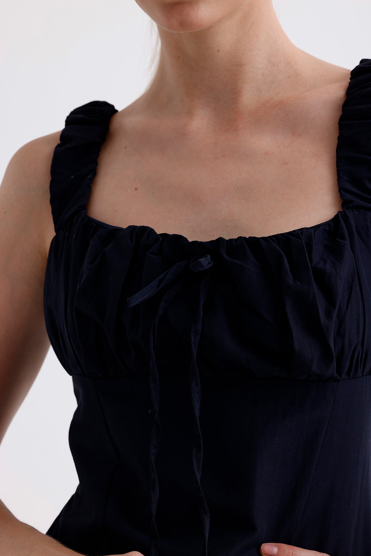 Poplin Kare Yaka Mini Balon Elbise Lacivert 2943