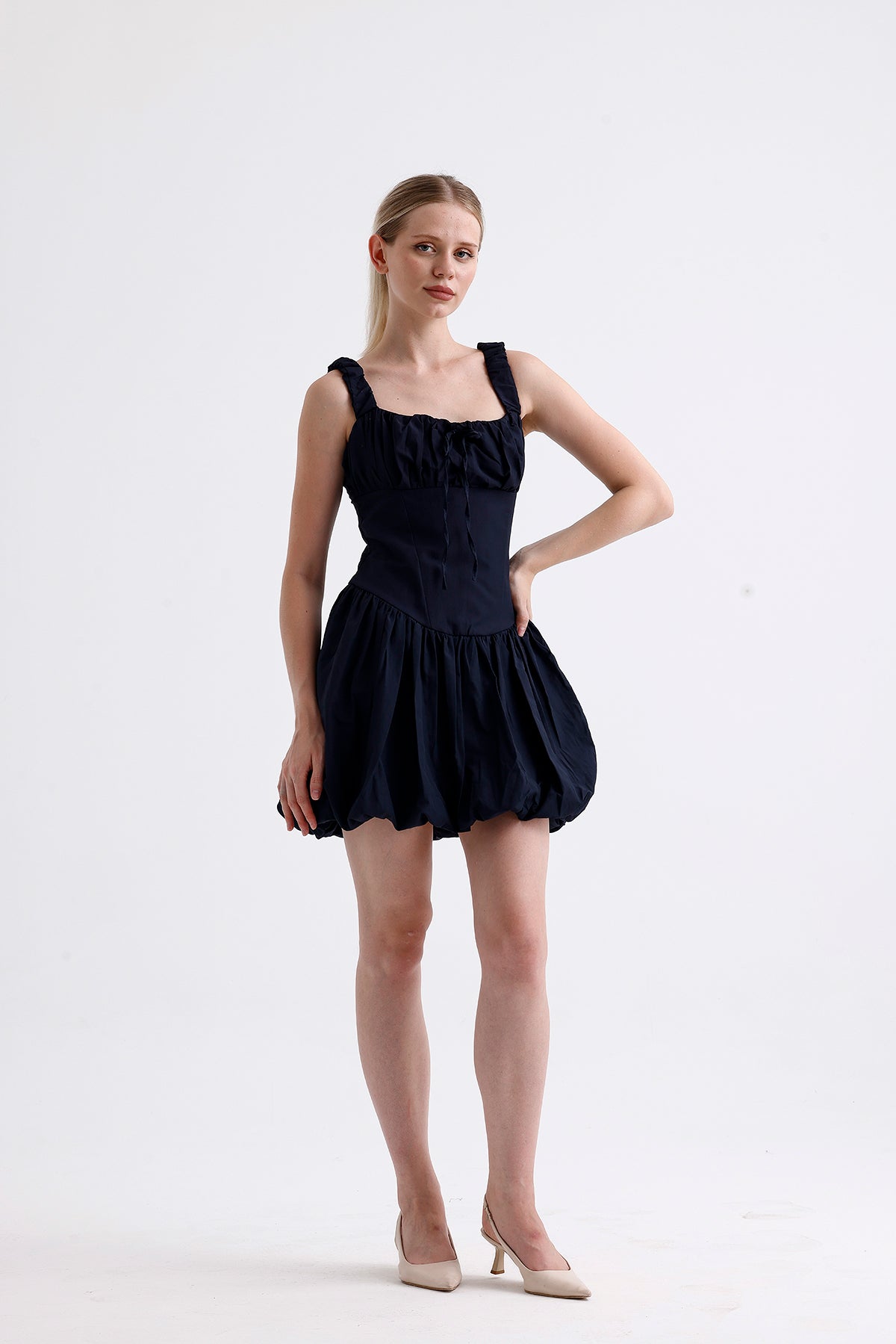 Poplin Kare Yaka Mini Balon Elbise Lacivert 2943