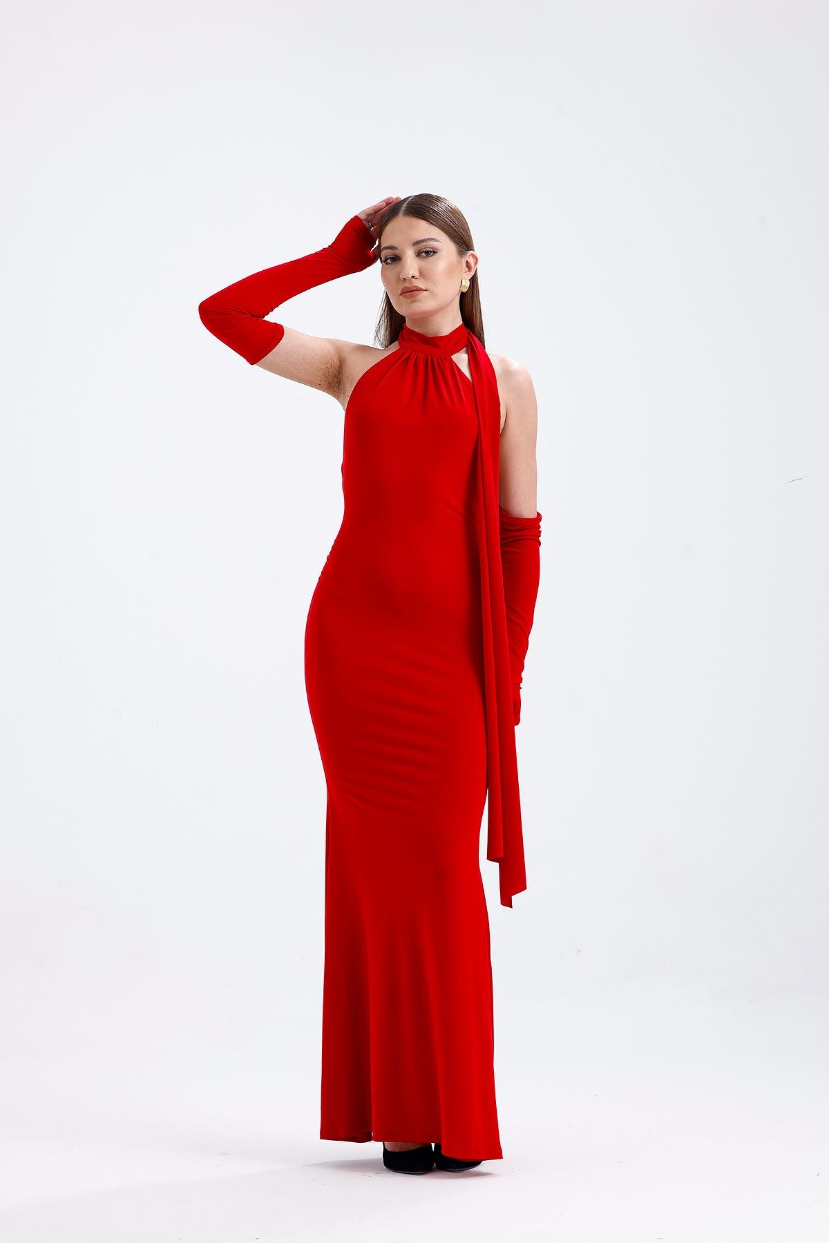 Boyundan Bağlamalı Elbise Kırmızı 9559