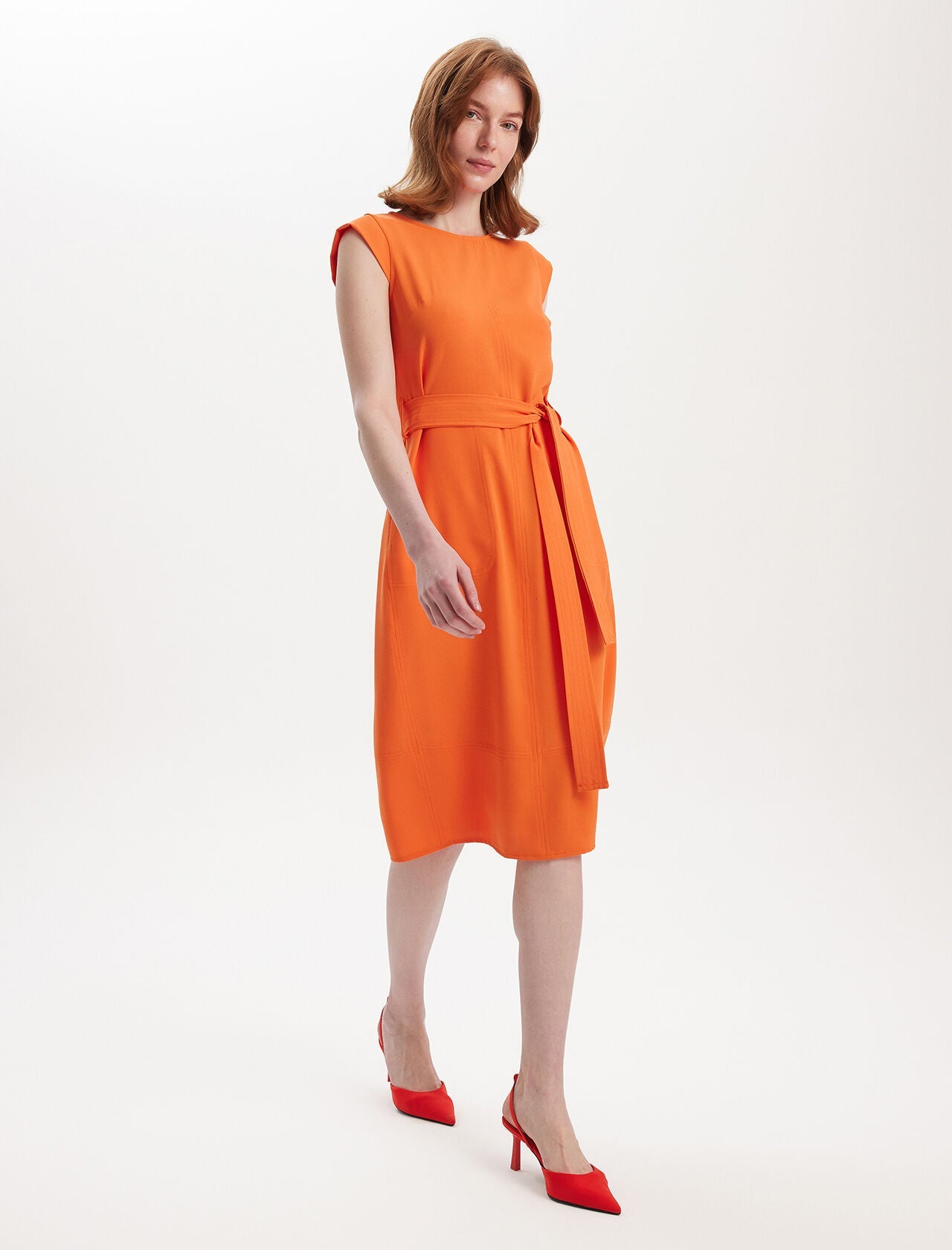 Cep Detaylı Kemerli Elbise Orange 0353