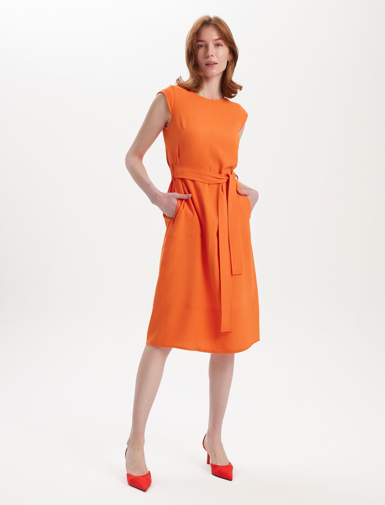 Cep Detaylı Kemerli Elbise Orange 0353