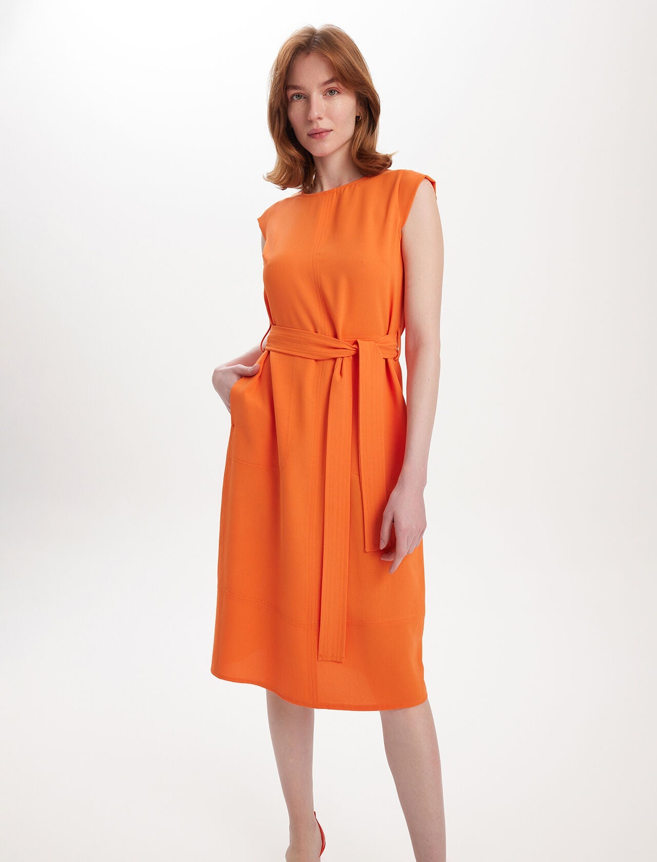 Cep Detaylı Kemerli Elbise Orange 0353