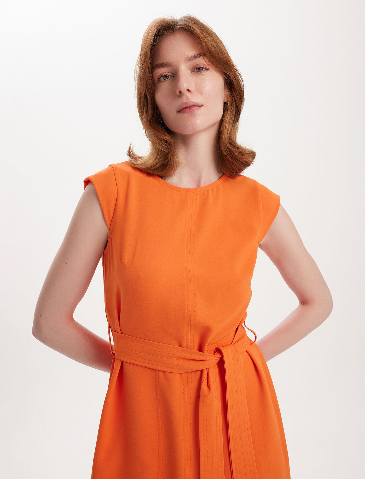 Cep Detaylı Kemerli Elbise Orange 0353