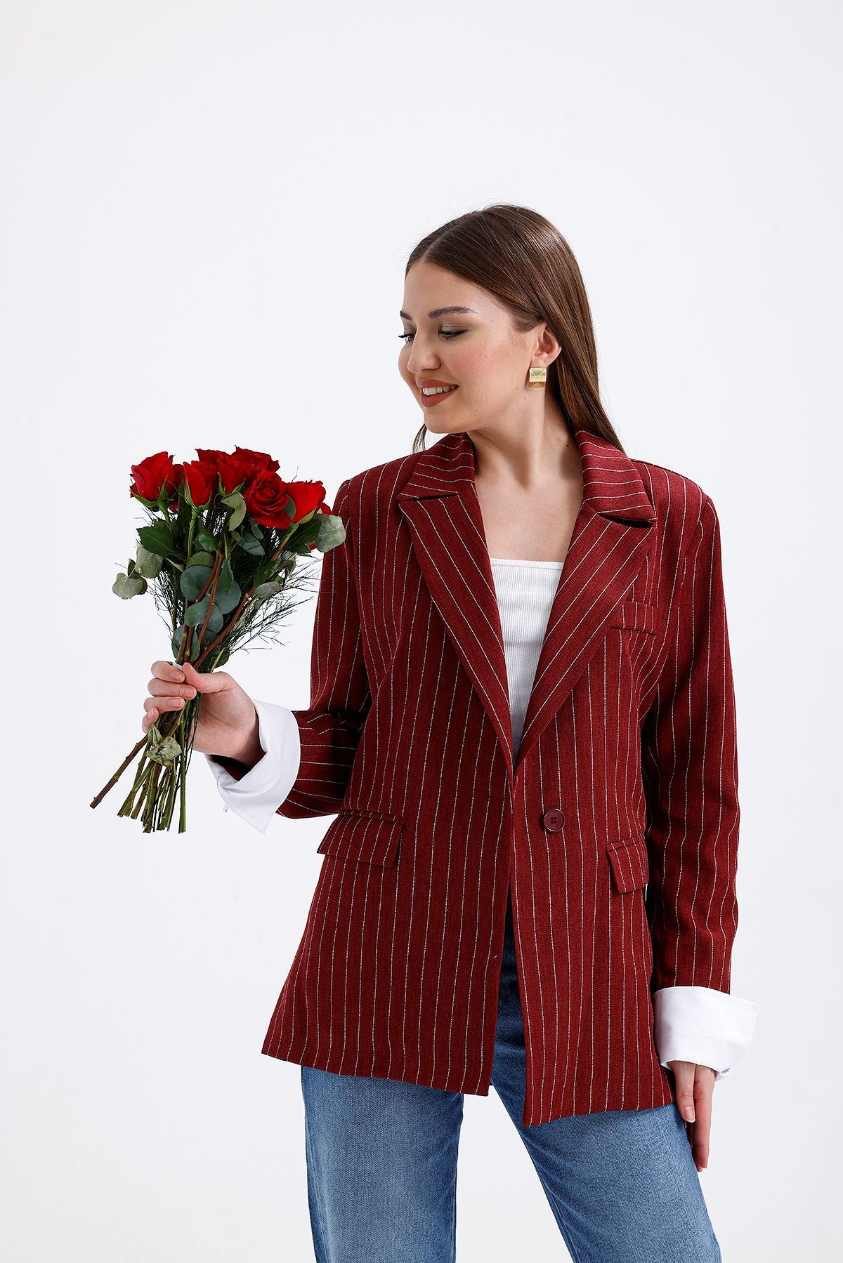 Çizgili Ceket Kırmızı 9525