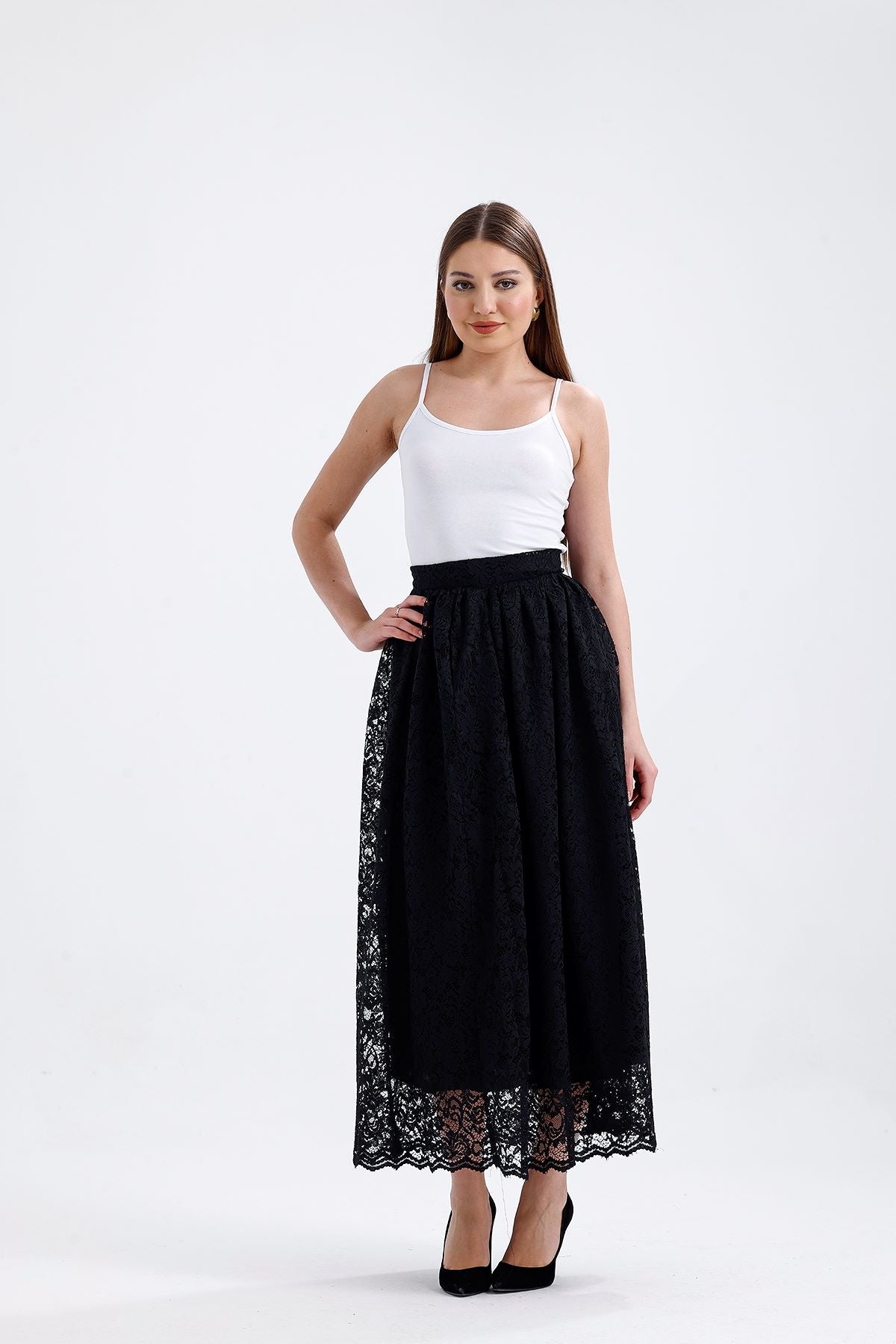 Dantelli Uzun Etek Siyah 8588