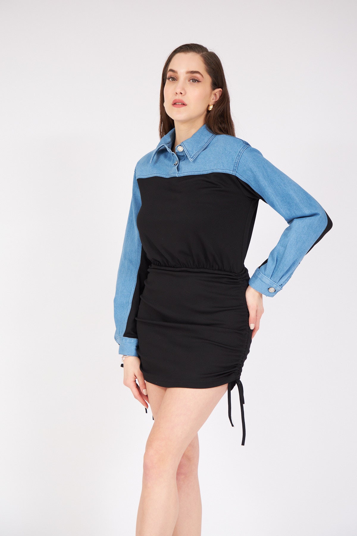 Denim Detaylı Büzgülü Elbise Siyah 4056