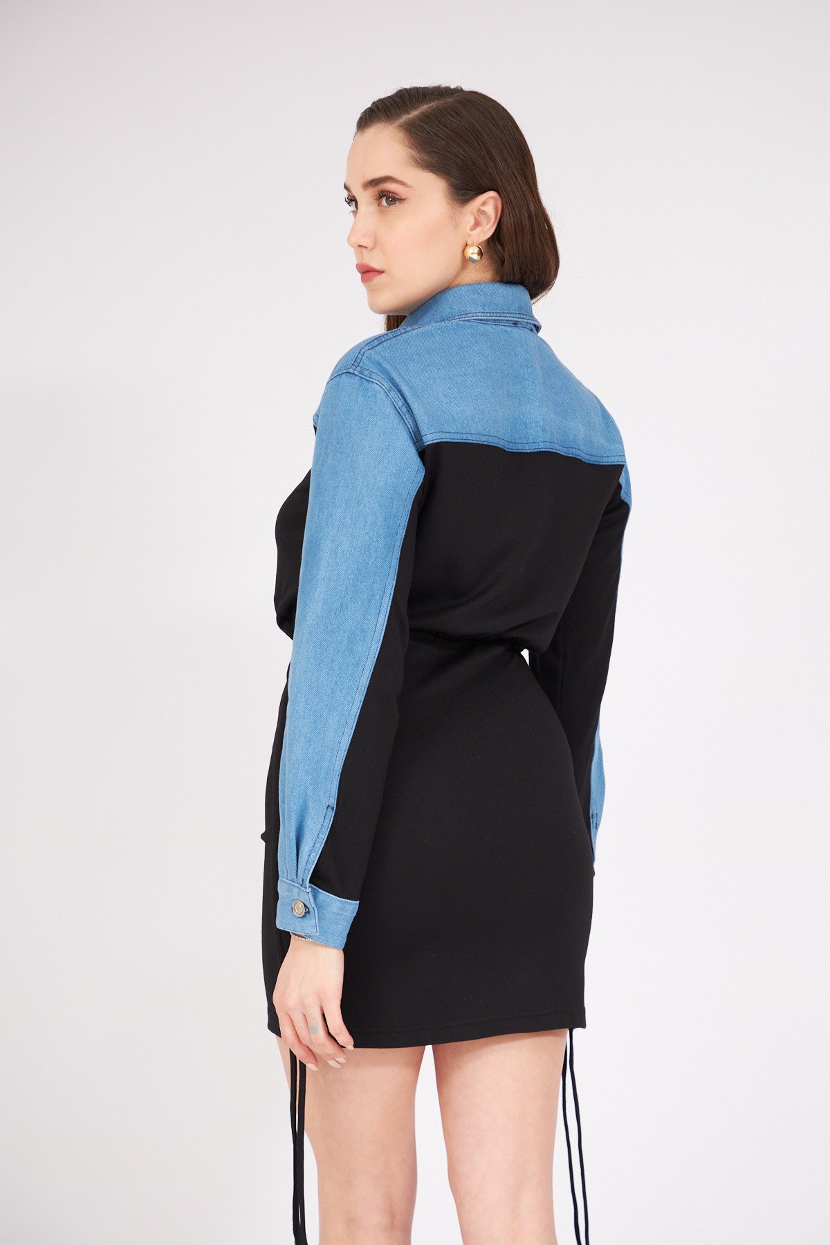 Denim Detaylı Büzgülü Elbise Siyah 4056