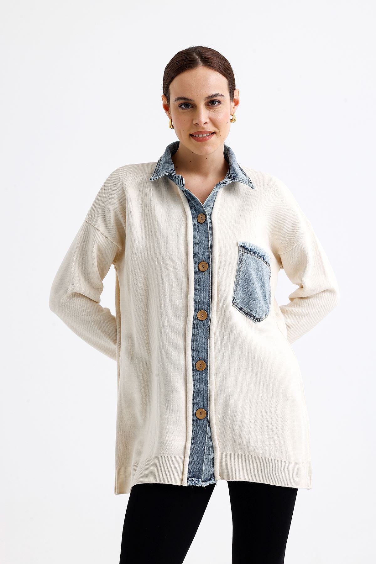 Denim Garnili Hırka Krem 9022