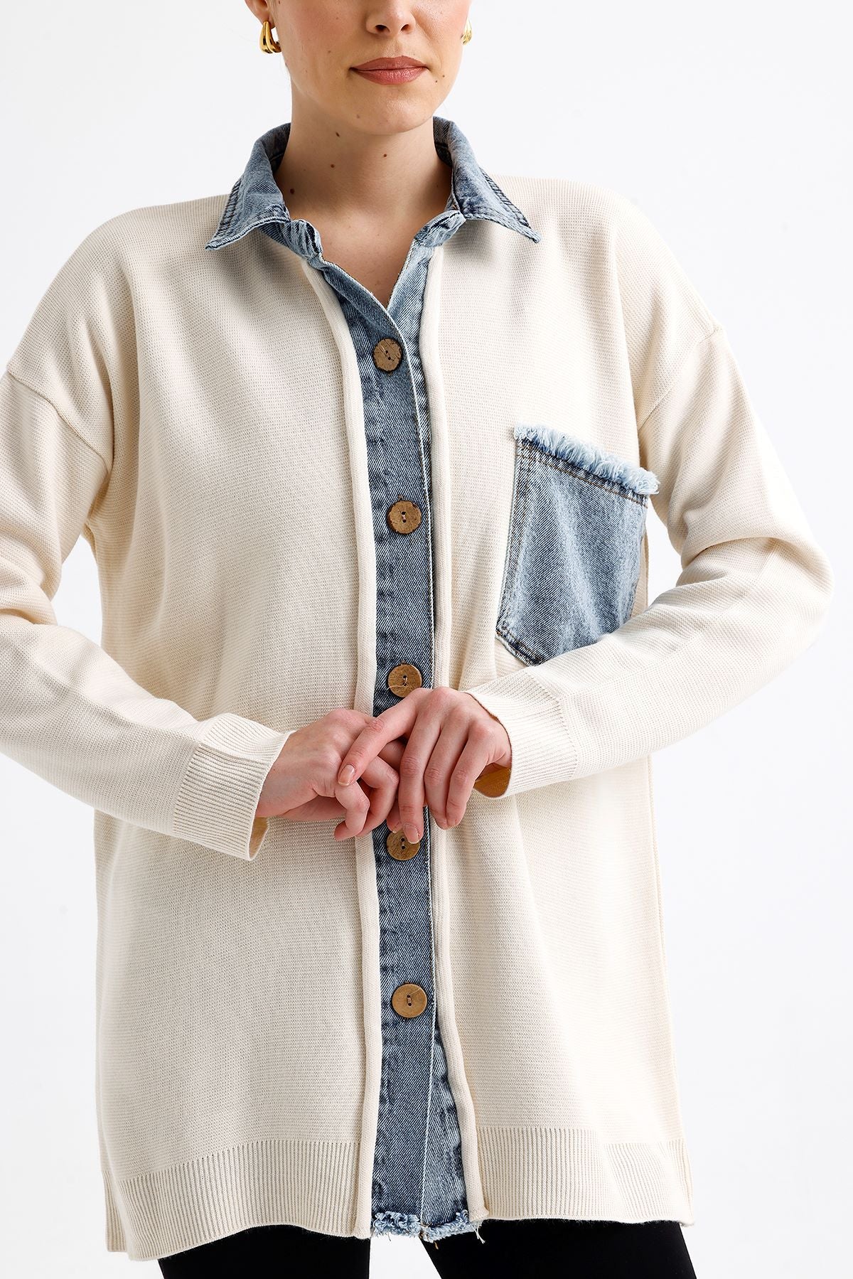 Denim Garnili Hırka Krem 9022