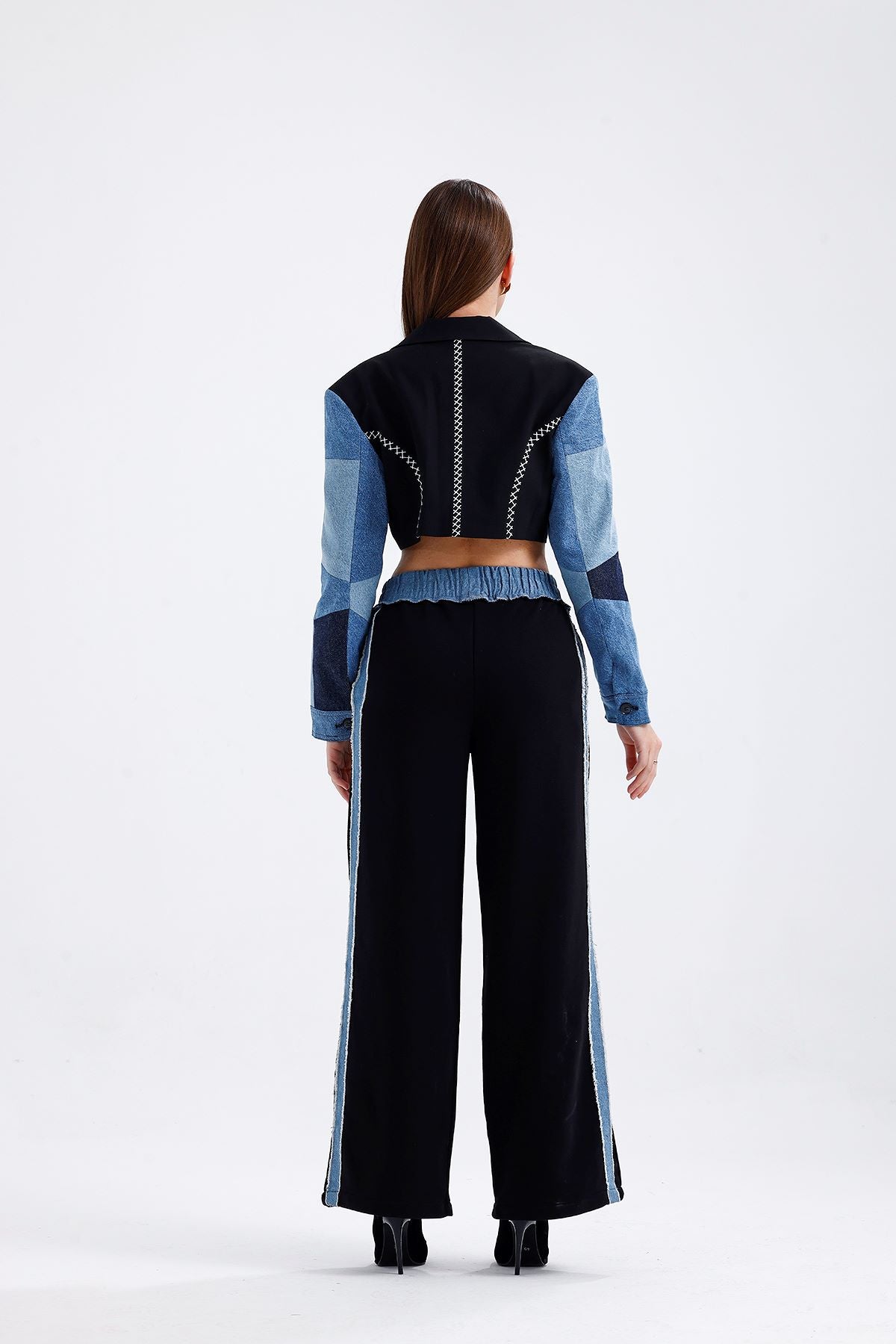 Denim Ve Nakış Detaylı Crop Ceket Siyah 0001