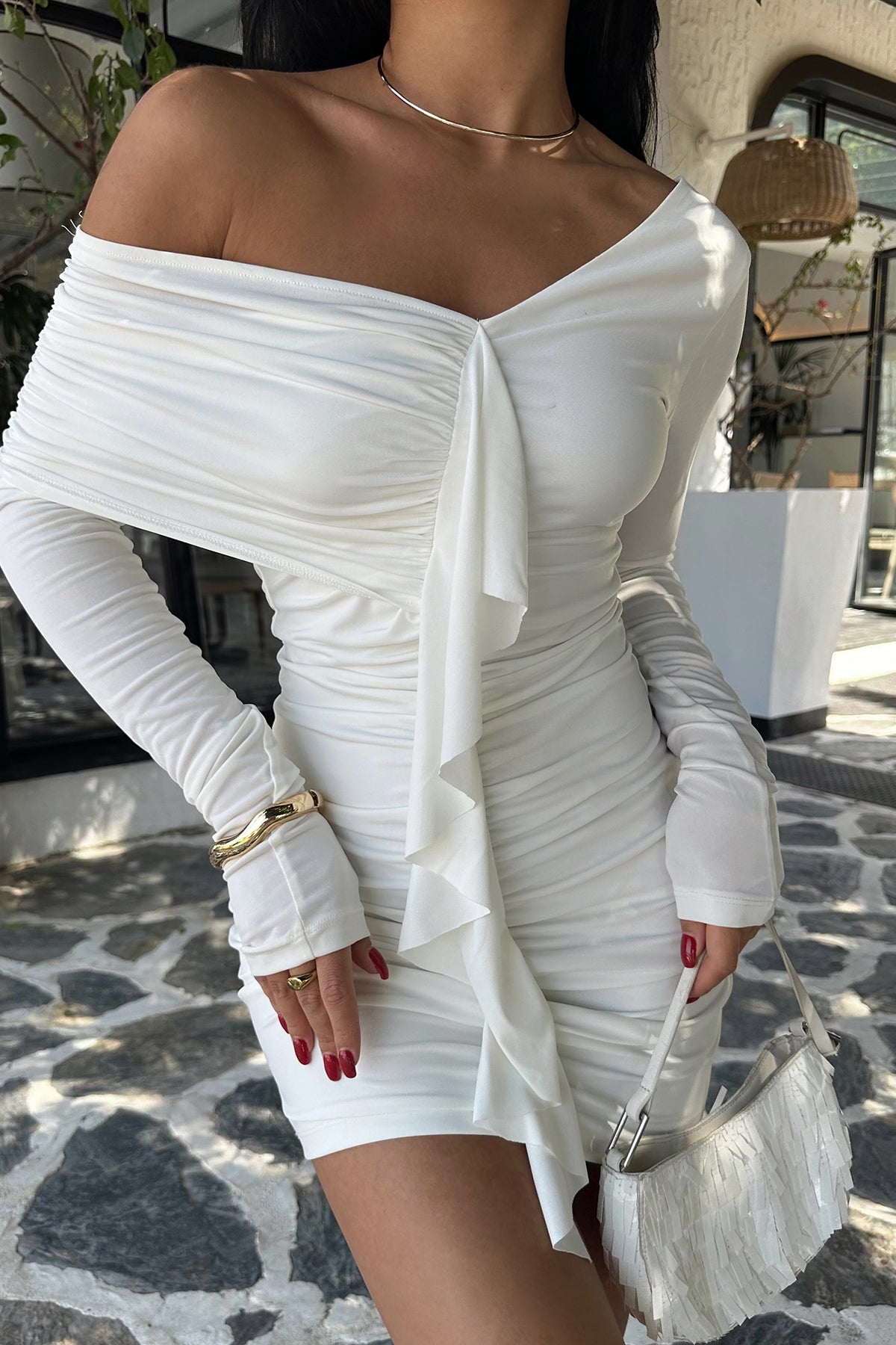 Fırfır Detay Mini Elbise Beyaz 1062