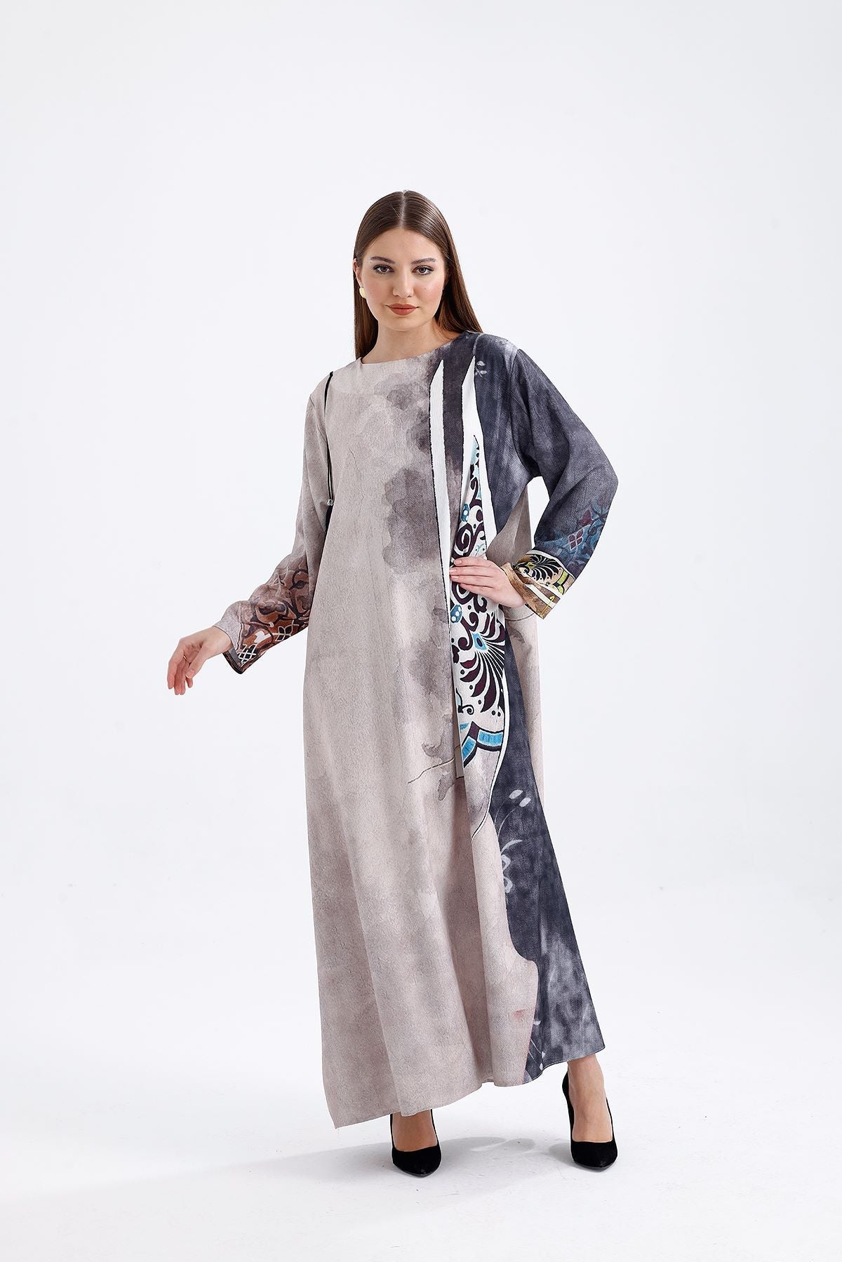 Kimono Desenli Gri Füme 4022