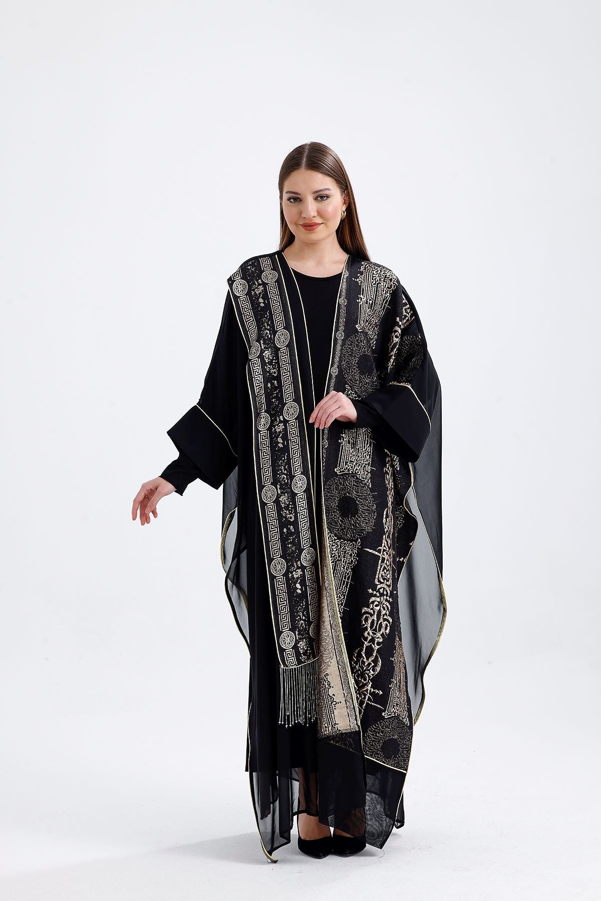 Kimono Desenli İçlikli Takım Siyah 9105