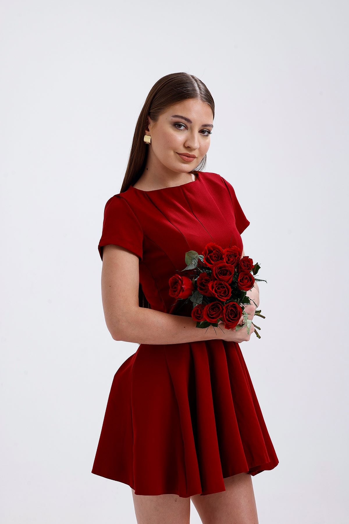 Volanlı Kısa Elbise Bordo 5009