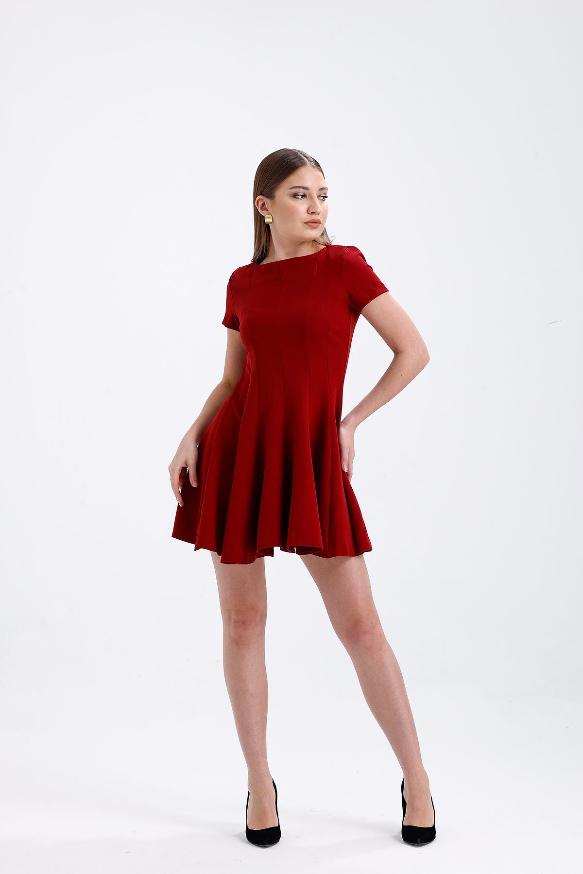Volanlı Kısa Elbise Bordo 5009