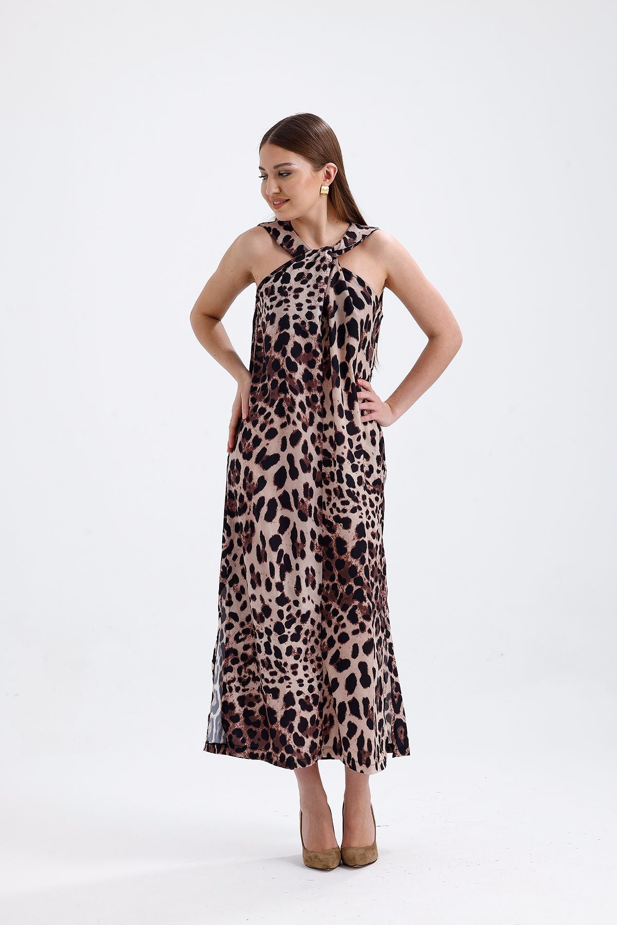 Kolsuz Yaka Leopar Detaylı Elbise 0114