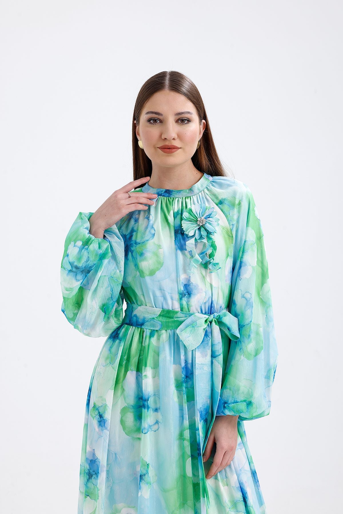 Kristal Şifon Elbise Mavi 1023