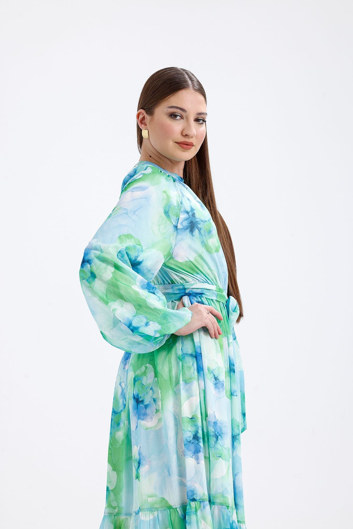 Kristal Şifon Elbise Mavi 1023