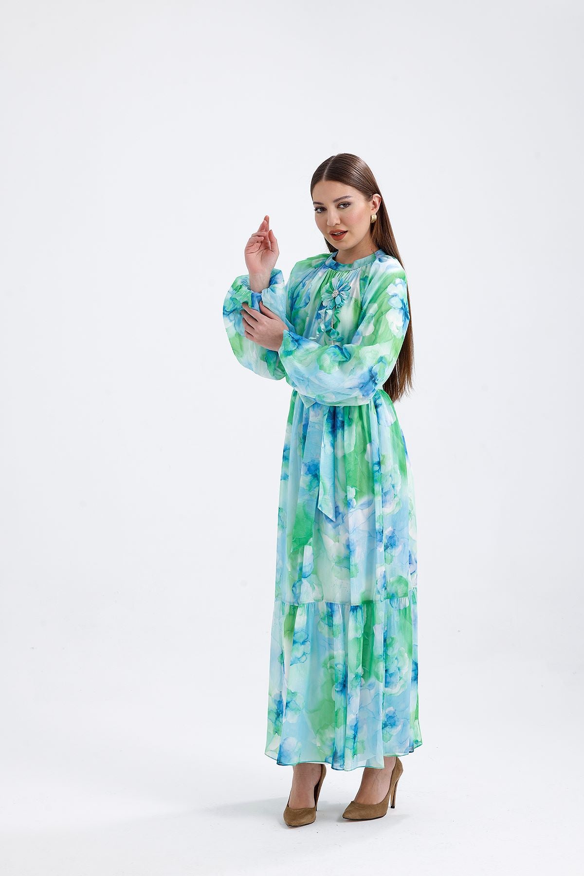 Kristal Şifon Elbise Mavi 1023