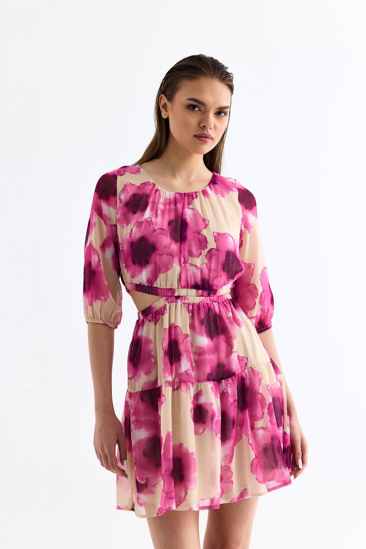 Mini Çeyrek Kol Elbise Pembe 6195