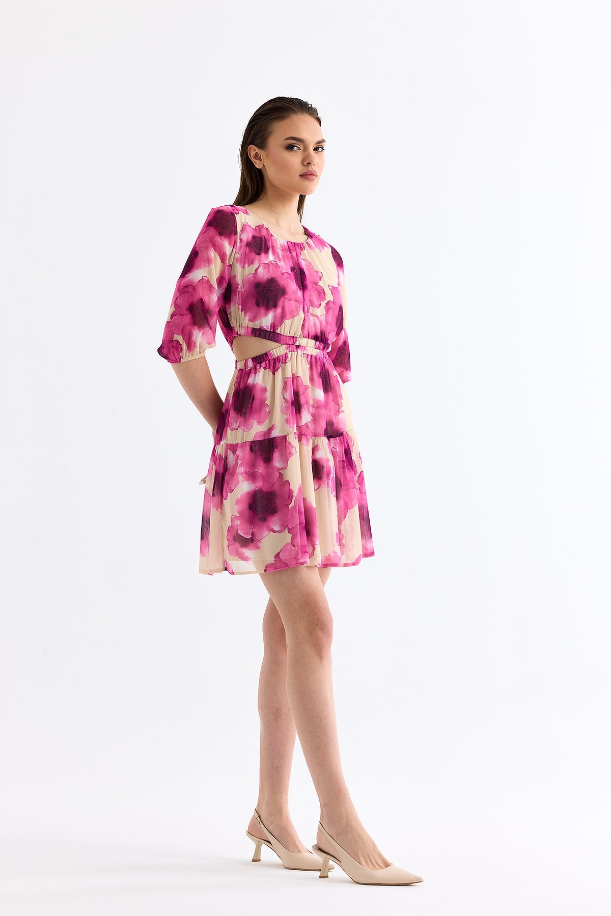 Mini Çeyrek Kol Elbise Pembe 6195