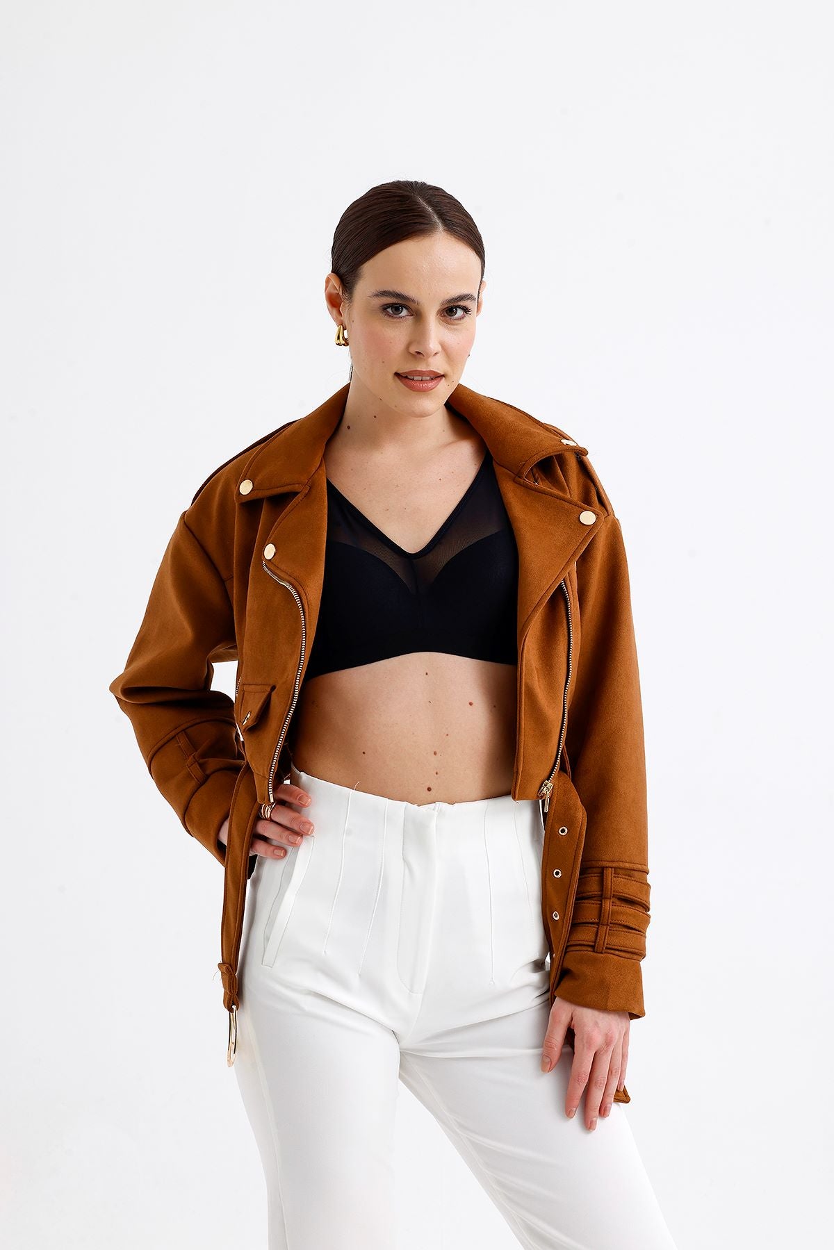 Süet Crop Ceket Kahve 9516