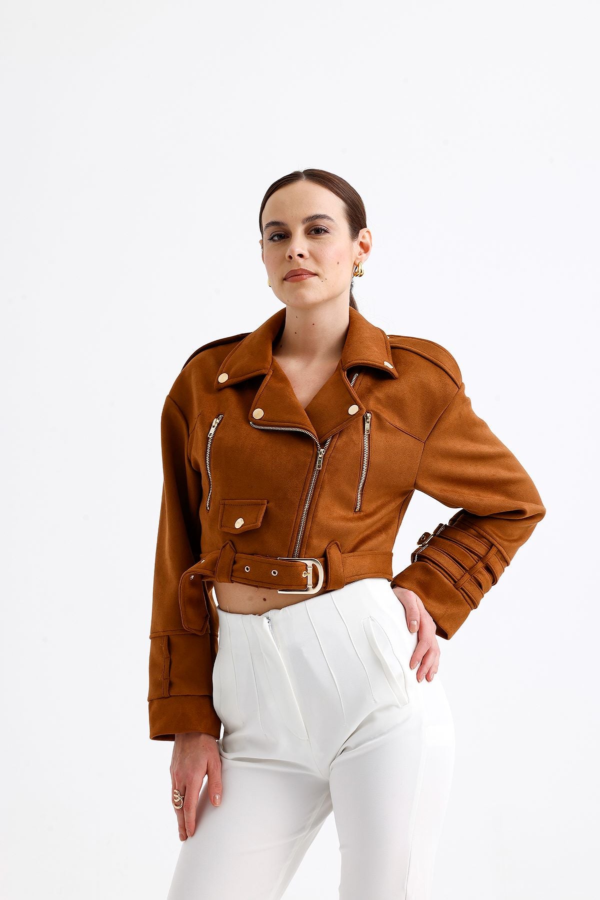 Süet Crop Ceket Kahve 9516