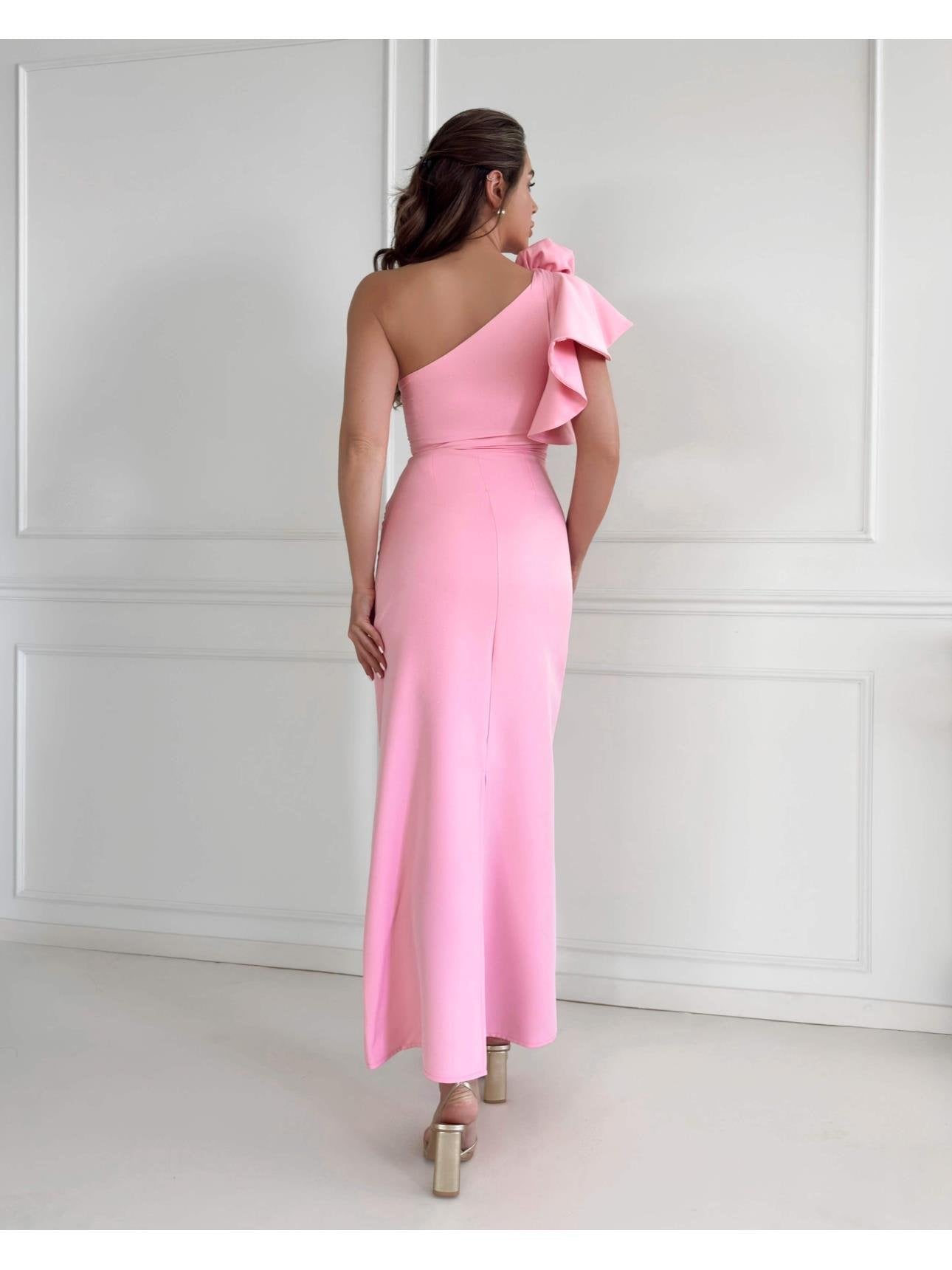 Tek Omuz Rose Broşlu Elbise Pembe 2900