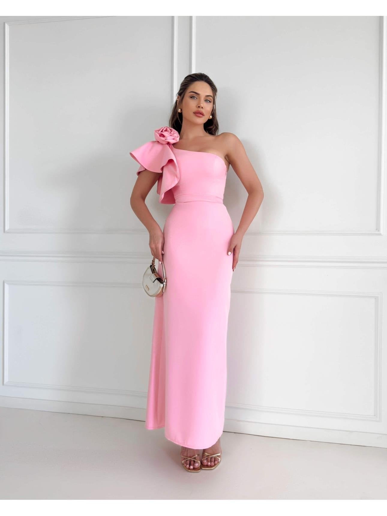 Tek Omuz Rose Broşlu Elbise Pembe 2900