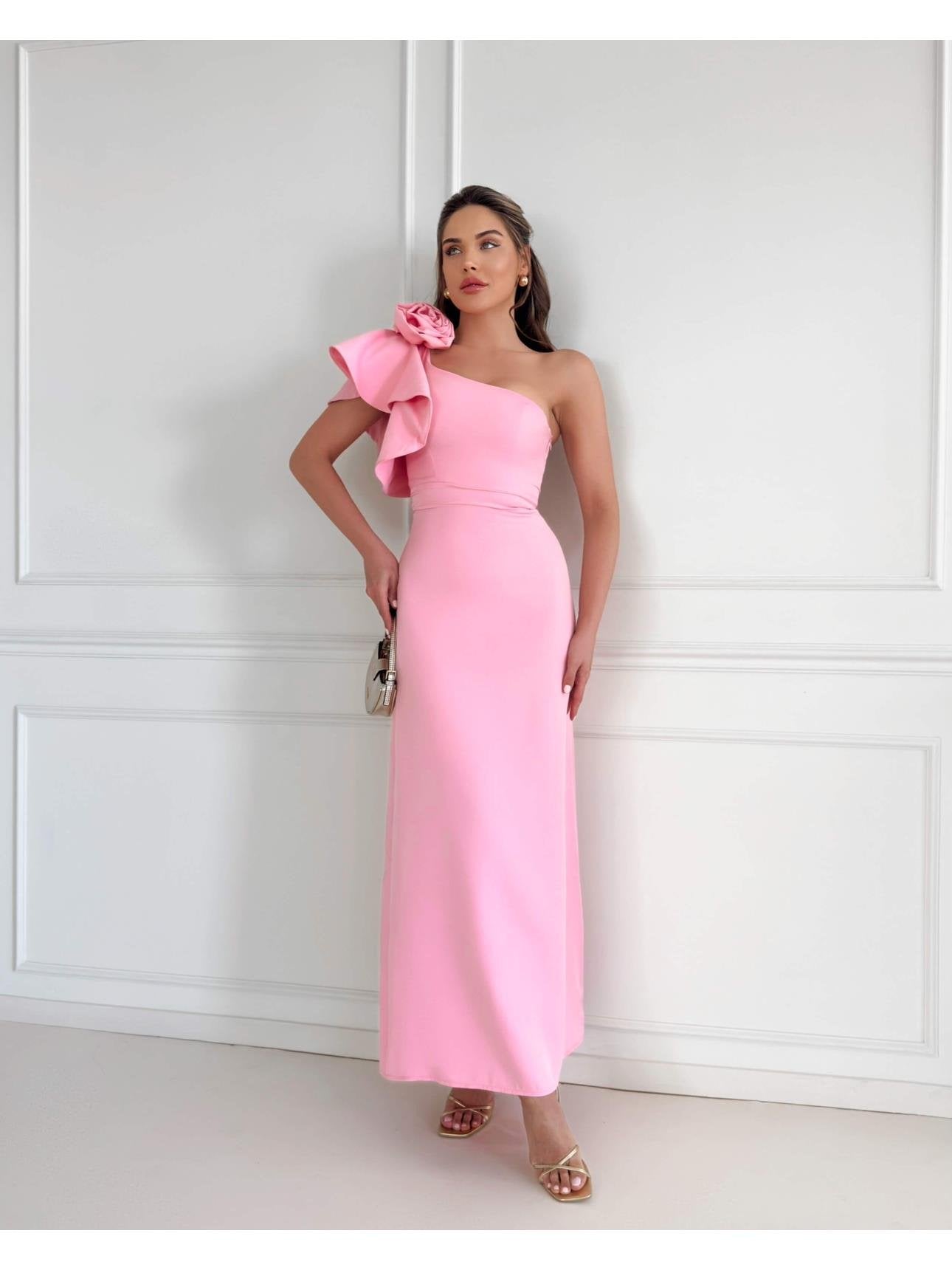Tek Omuz Rose Broşlu Elbise Pembe 2900