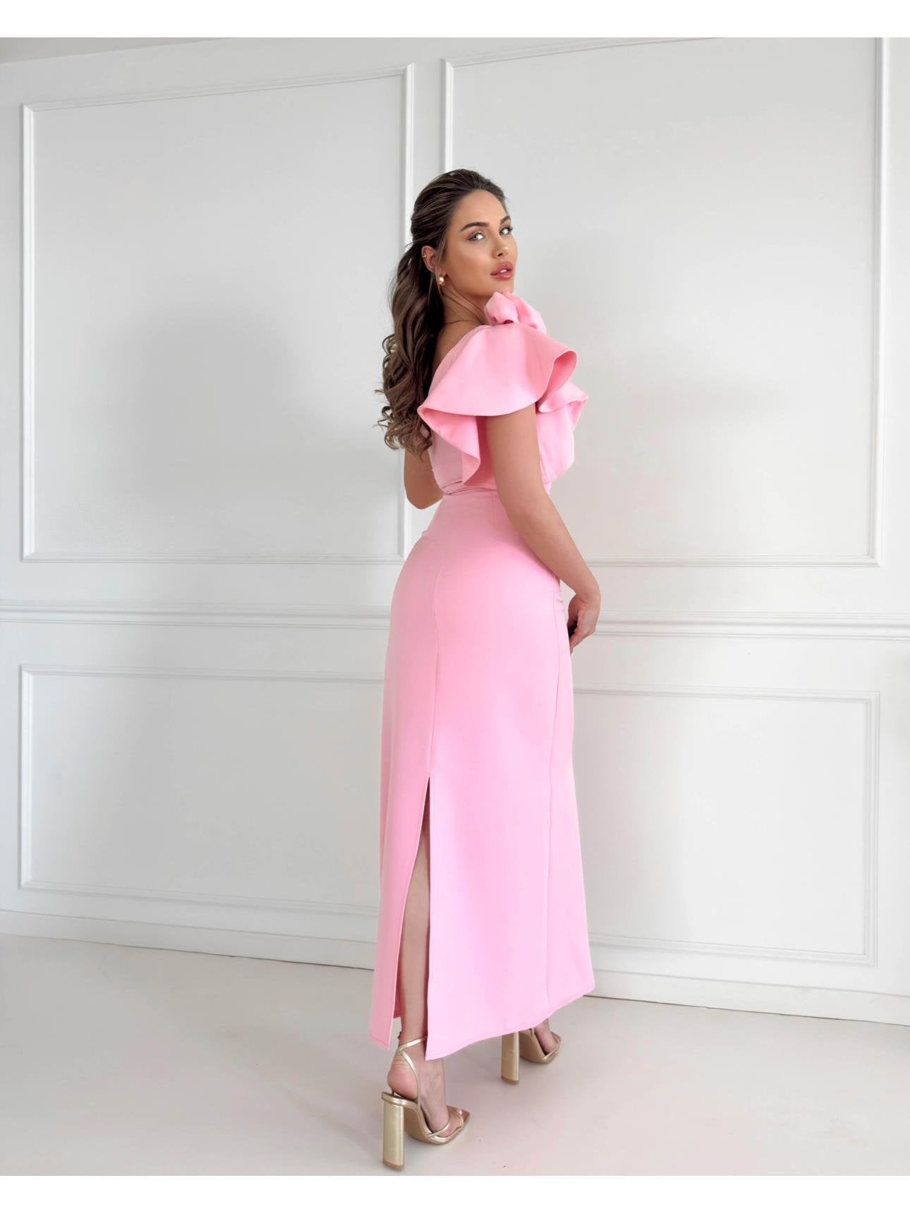 Tek Omuz Rose Broşlu Elbise Pembe 2900