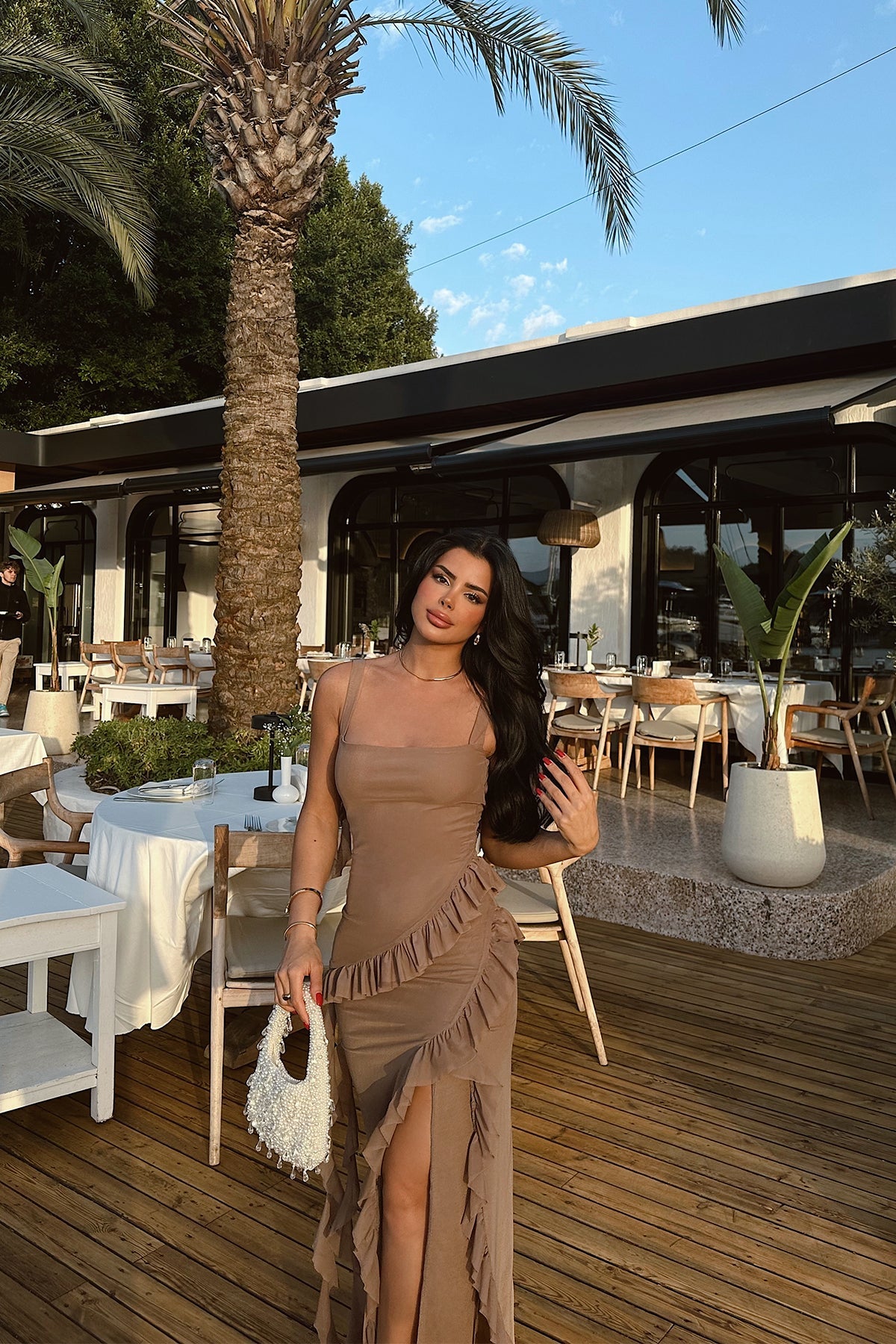 Yırtmaçlı Uzun Elbise Vizon 1053