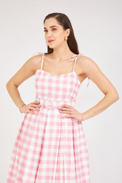 Kemerli Ekose Elbise Pembe 1565