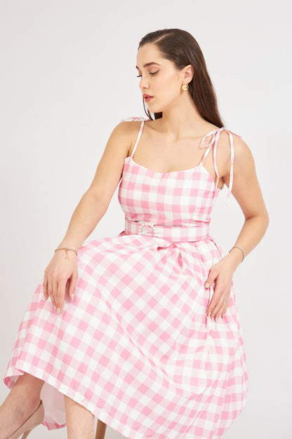 Kemerli Ekose Elbise Pembe 1565
