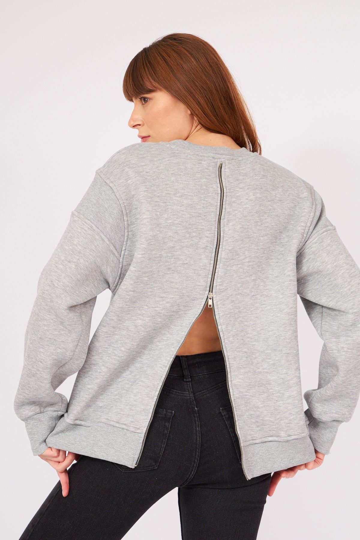 Arka Fermuarlı Sweatshirt Gri 2820