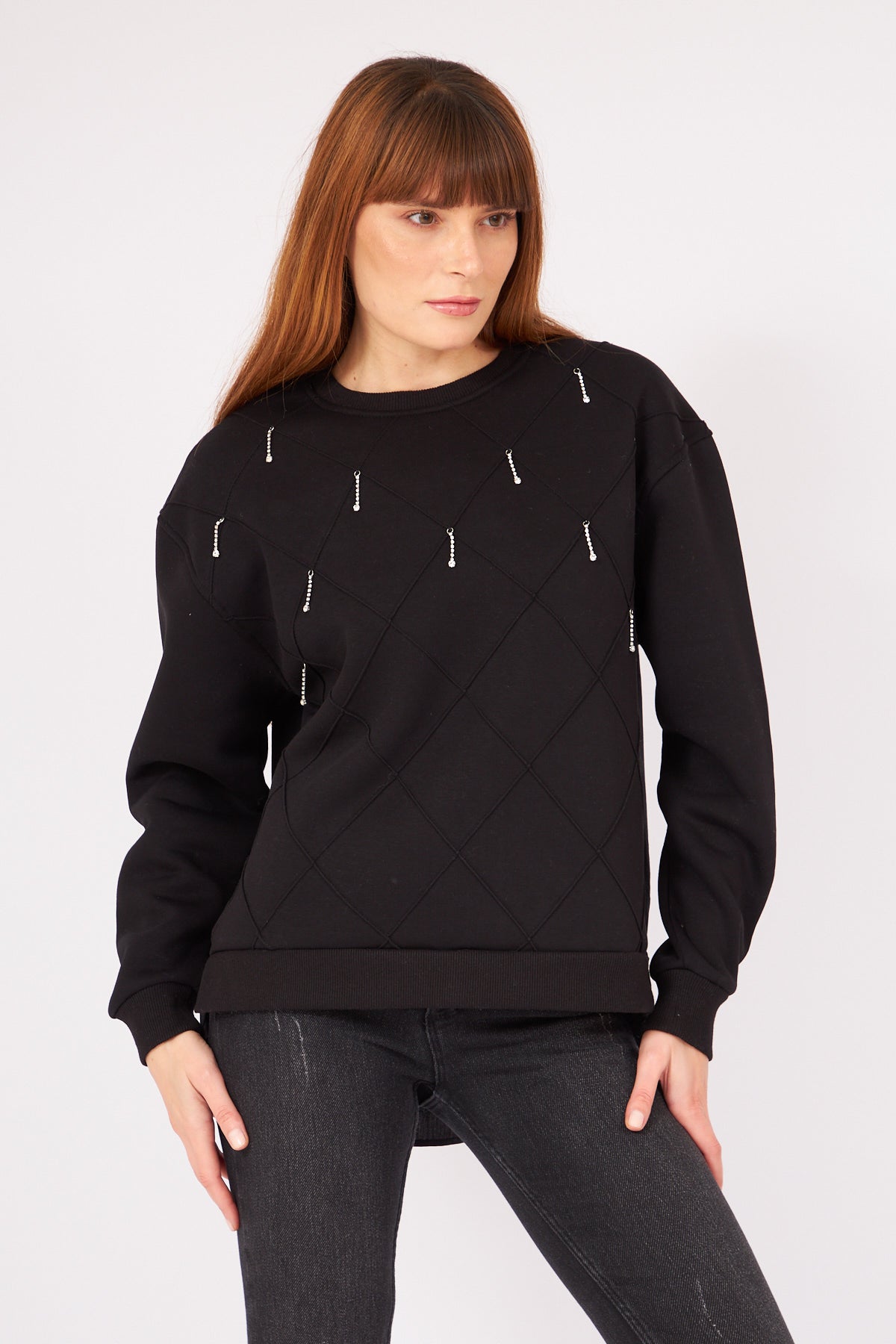 Taş İşlemeli Sweatshirt Siyah 2814