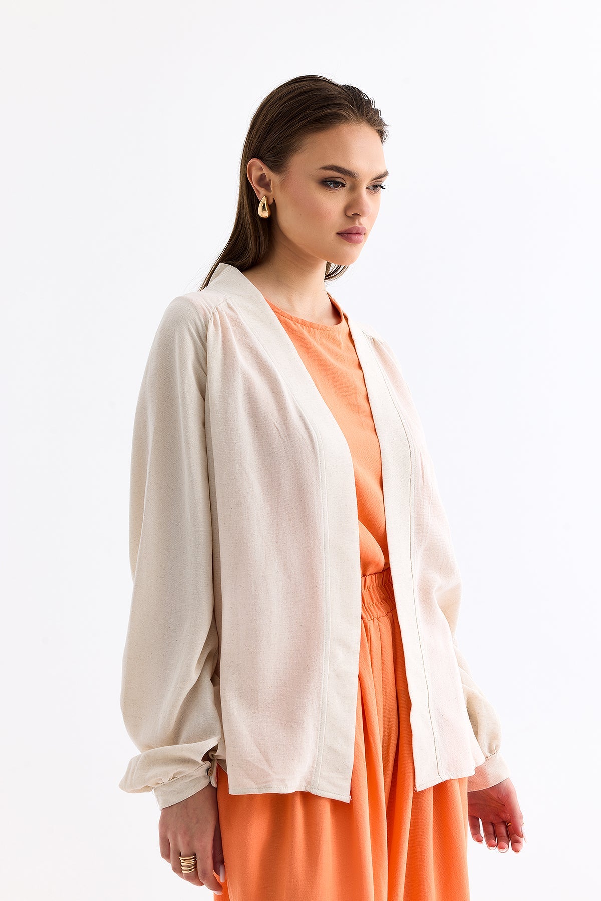 Saçaklı Kimono Bej Turuncu 5064