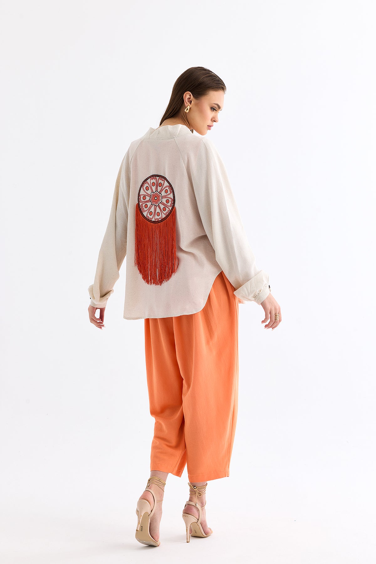 Saçaklı Kimono Bej Turuncu 5064