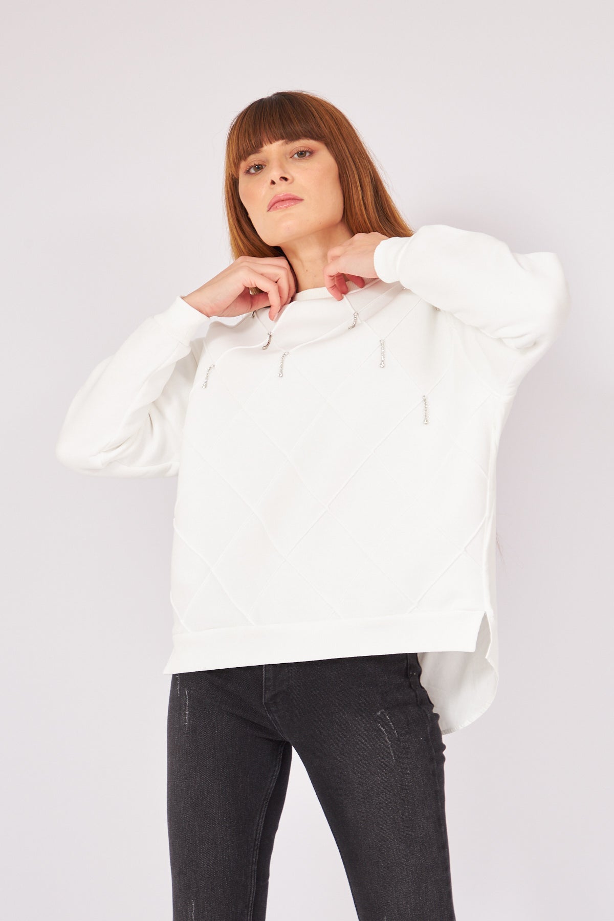 Taş Detaylı Sweatshirt Beyaz 2814