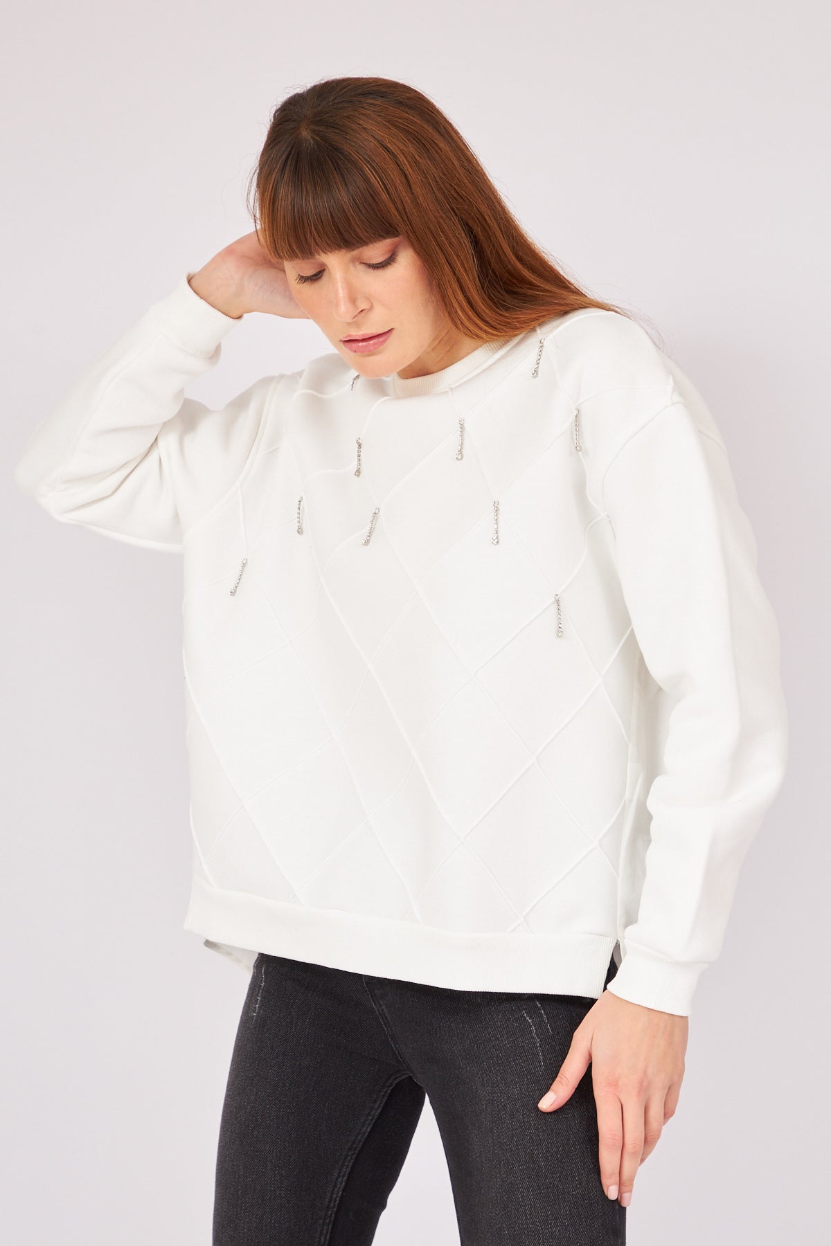 Taş Detaylı Sweatshirt Beyaz 2814